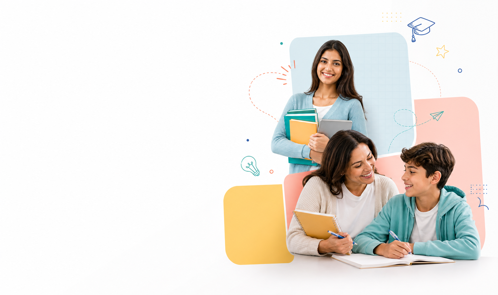 Friendly tutor, parent, and student with playful learning shapes